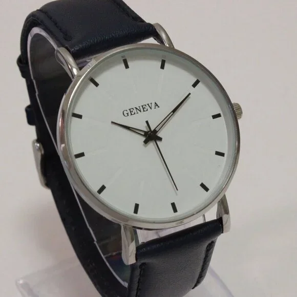 Men's Minimalist Fashion Watch Silver Case White Dial Navy Blue Strap 40mm - Picture 5 of 13